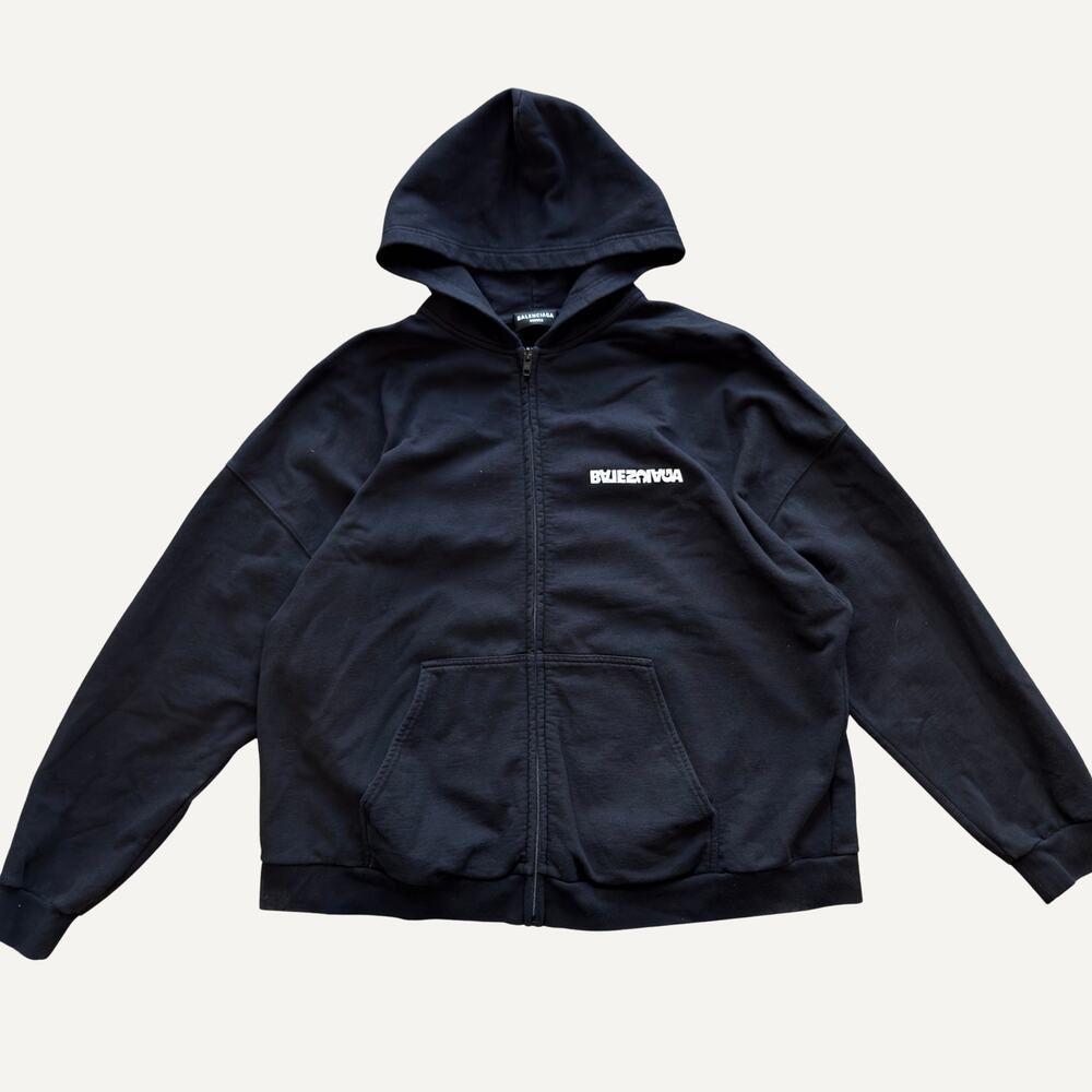 Balenciaga Men's Turn Logo Zip Up Hoodie Black White Size 2 Oversized